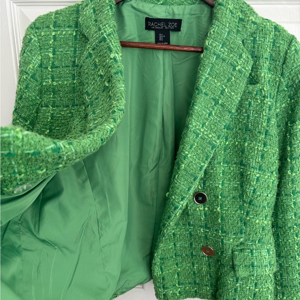 RACHEL ZOE GREEN APPLE TWEED TEXTURED DOUBLE BREASTED BUTTON BLAZER  SZ  L - Picture 7 of 13